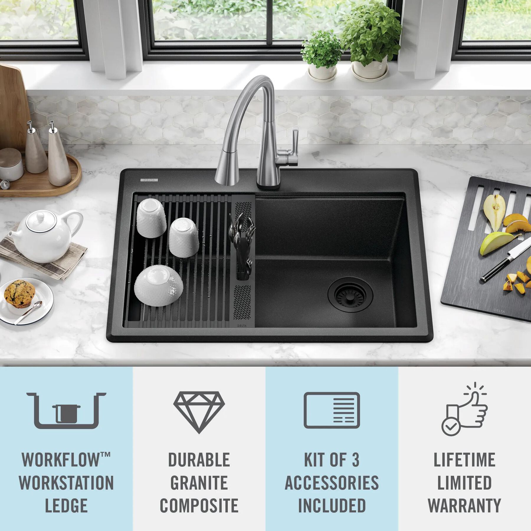 30&rdquo; Granite Composite Workstation Kitchen Sink Drop-In Top Mount Single Bowl with WorkFlow&trade; Ledge and Accessories in Black